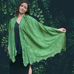 Green Wool and Silk Lace Scarf / Wrap